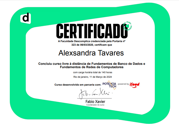 Certificado Fundamentos de Banco de Dados e Redes de Computadores - Descomplica, PotenciaTech e IFood